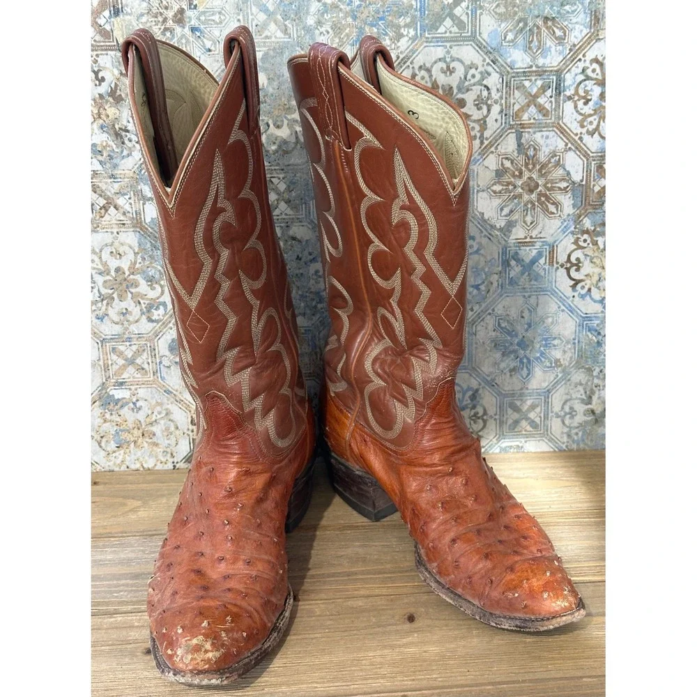 VTG El Rey Tony Lama Ostrich Full Quill Western Cowboy Boots Mens 8 Brown